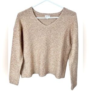 Garnet Hill vneck cropped sweater, M, brown & Gold Sequins wool Winter Party Fun